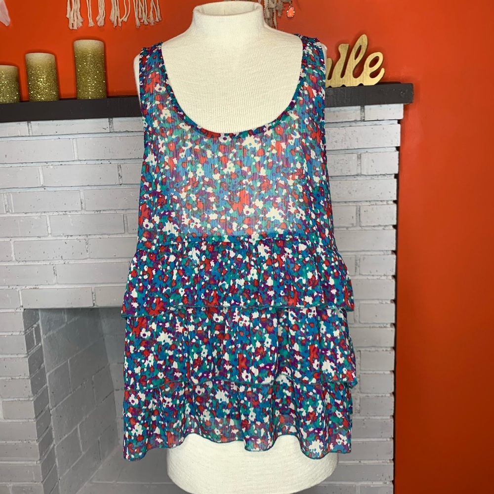 Route 66 Sheer Floral Ruffle Tank Top